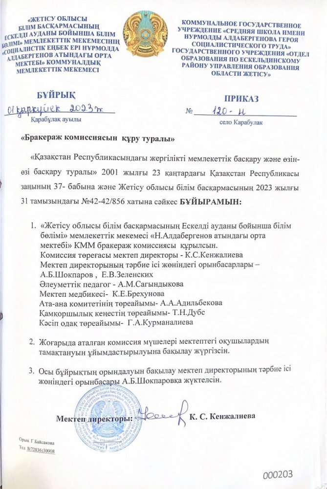2023-2024 оқу жылына  Тегін ыстық тамақпен қамту бұйрығы. 2023-2024 оқу жылына Бракераж коммисиясын құру бұйрығы